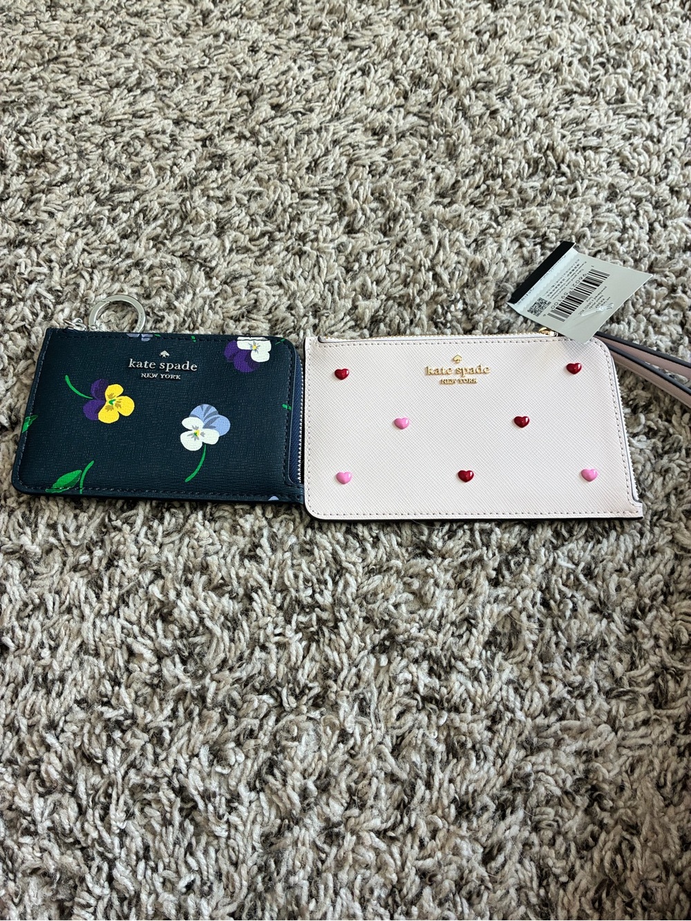 kate spade blush pink heart-stud zip wristlet and blue floral card holder